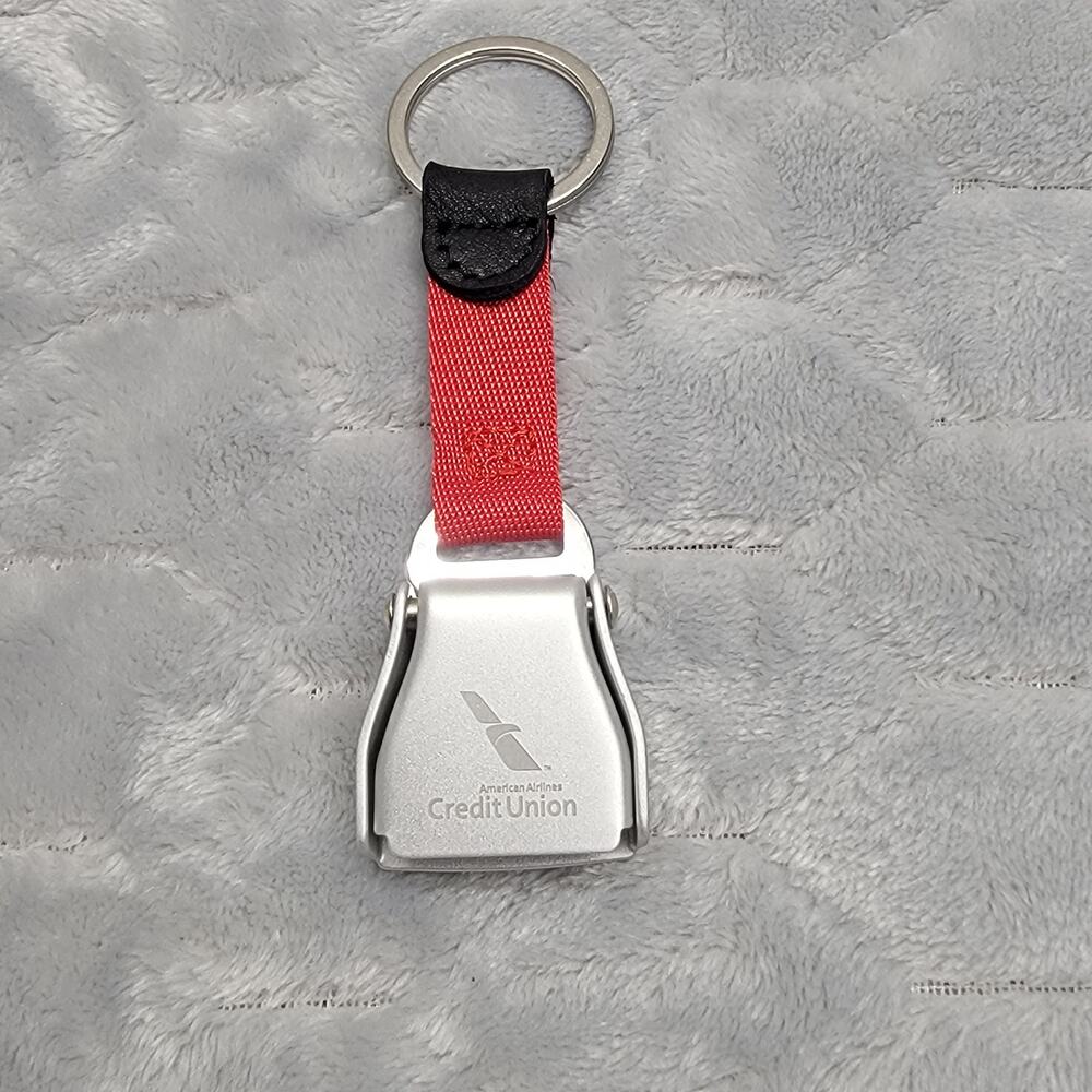 American Airlines Credit Union Seatbelt Buckle Keychain Red Aviation Key Ring